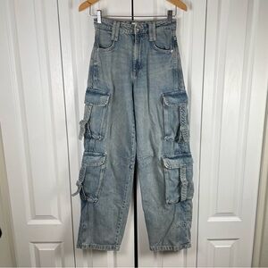 Zara Barrel Leg Cargo Baggy Jeans Women’s 0 Blue Faded Tactical Multipocket Y2K